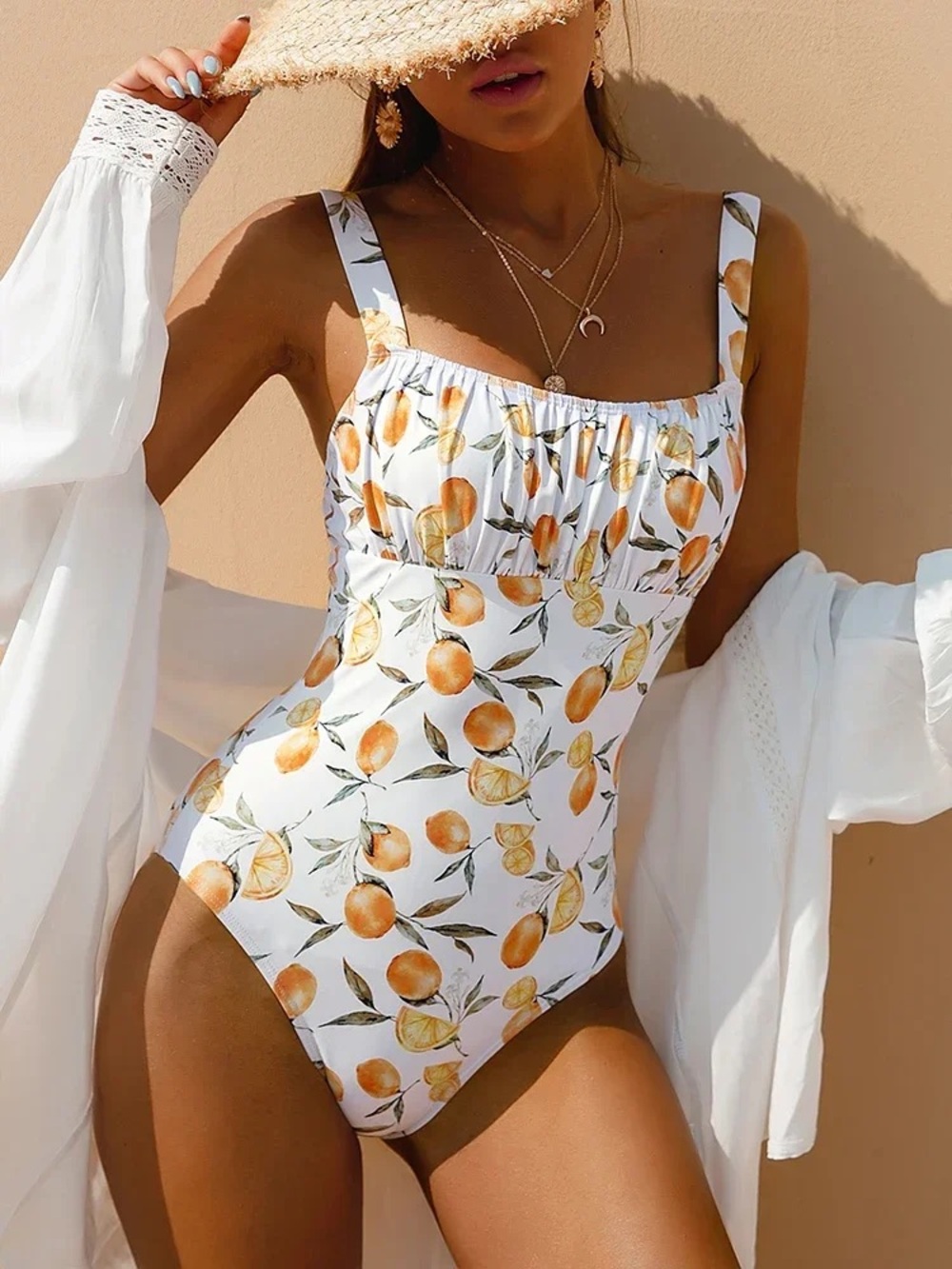 White & Orange Lemon Print One-Piece Swimsuit - size large